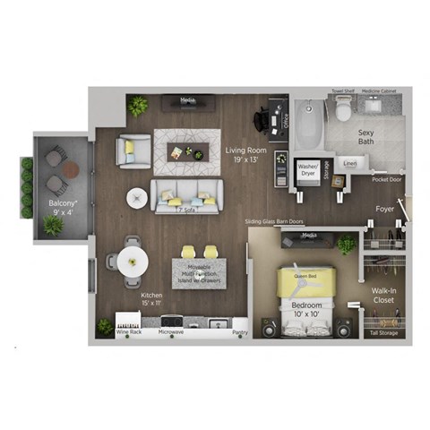 Floor plan for 1 bed, 1 bath, 720 sqft
